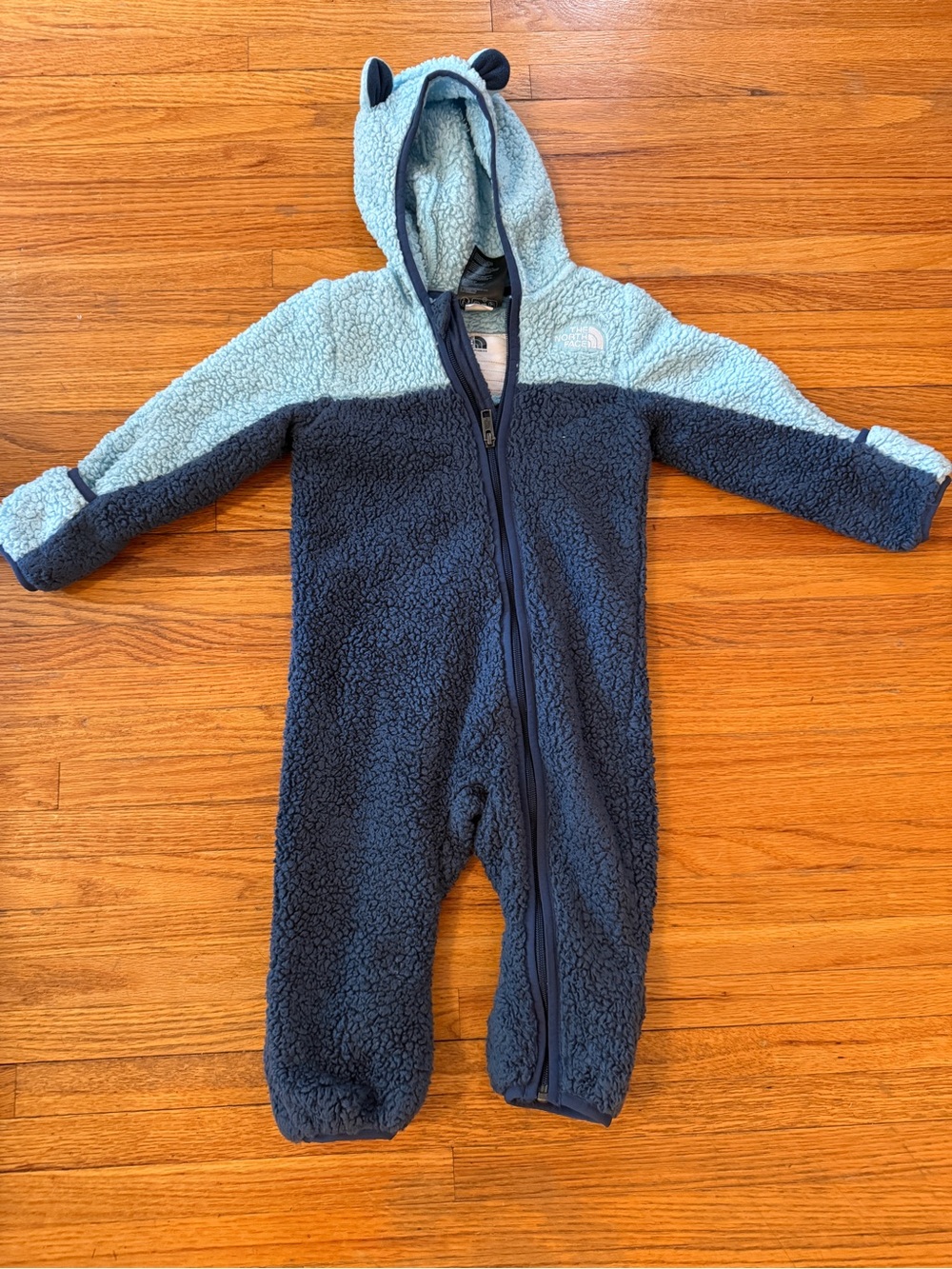 The North Face Baby Bunting Fleece Sherpa One-Piece in Light Blue & Navy